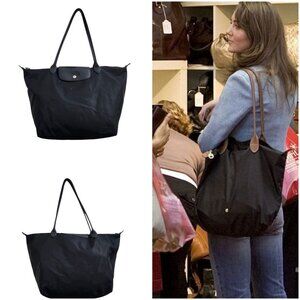 Longchamp Le Pliage Large Nylon Tote Bag Black Leather Trim Shoulder Purse